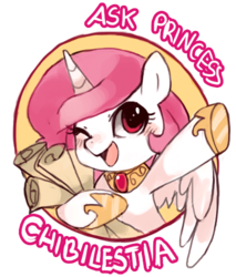 Size: 425x500 | Tagged: safe, artist:suikuzu, princess celestia, pony, ask chibilestia, g4, ask, blushing, cewestia, chibi, cute, cutelestia, female, filly, one eye closed, open mouth, pink-mane celestia, scroll, simple background, smiling, solo, spread wings, transparent background, tumblr, wink, young celestia