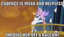 Size: 500x294 | Tagged: safe, princess cadance, shining armor, pony, g4, season 3, the crystal empire, bipedal, epic wife tossing, fastball special, image macro