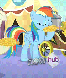 Size: 308x360 | Tagged: safe, screencap, fleur de verre, rainbow dash, crystal pony, pegasus, pony, g4, the crystal empire, animated, corn, eating, female, gif, herbivore, hoof hold, hub logo, hubble, mare, nervous, shy, stabilized, the hub