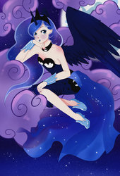 Size: 900x1324 | Tagged: safe, princess luna, human, g4, cloud, cloudy, female, horn, horned humanization, humanized, moon, solo, winged humanization