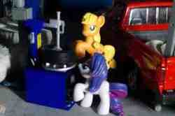 Size: 320x212 | Tagged: safe, applejack, rarity, g4, blind bag, diorama, irl, photo, scale model, toy, truck