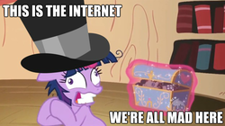 Size: 625x351 | Tagged: safe, edit, edited screencap, screencap, twilight sparkle, pony, unicorn, g4, lesson zero, season 2, alice in wonderland, female, hat, hub logo, image macro, logo, mare, meme, the hub, top hat, twilight snapple, unicorn twilight