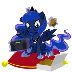 Size: 5000x5000 | Tagged: safe, artist:danmakuman, princess luna, alicorn, pony, gamer luna, g4, absurd resolution, cute, female, food, lunabetes, muffin, pillow, simple background, sitting, solo, transparent background, vector