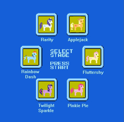 Size: 775x762 | Tagged: safe, applejack, fluttershy, pinkie pie, rainbow dash, rarity, twilight sparkle, g4, mega man (series), pixel art, stage select