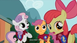 Size: 1008x567 | Tagged: safe, screencap, apple bloom, scootaloo, sweetie belle, g4, stare master, cutie mark crusaders, hub logo, scootastare, youtube caption