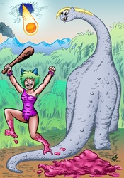 Size: 631x900 | Tagged: safe, artist:curtsibling, derpy hooves, oc, oc:pegaslut, dinosaur, human, g4, breasts, butt, imminent death, implied death, plot, poop, species swap, wat