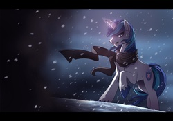 Size: 1215x854 | Tagged: dead source, safe, artist:ruhje, shining armor, umbrum, g4, the crystal empire, badass, clothes, epic, glowing, glowing horn, horn, male, raised hoof, scarf, solo, stallion