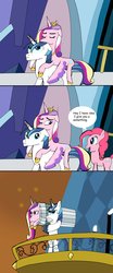 Size: 900x2163 | Tagged: safe, artist:helsaabi, pinkie pie, princess cadance, shining armor, alicorn, earth pony, pony, unicorn, g4, the crystal empire, bipedal, cannon, comic, epic wife tossing, female, male, mare, pony cannonball, stallion