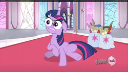 Size: 960x540 | Tagged: safe, edit, edited screencap, screencap, twilight sparkle, pony, g4, season 3, the crystal empire, bag, female, floppy ears, hub logo, saddle bag, sitting, solo, special eyes, throne room