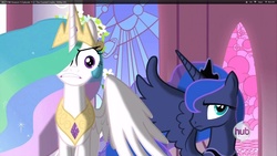 Size: 960x540 | Tagged: safe, edit, edited screencap, screencap, princess celestia, princess luna, alicorn, pony, g4, my little pony: friendship is magic, season 3, the crystal empire, duo, duo female, female, hub logo, mare, special eyes