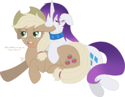 Size: 900x698 | Tagged: safe, artist:arastane-siryphia, applejack, rarity, g4, blushing, collar, cutie mark, cutie mark collar, discorded, ear bite, female, lesbian, liarjack, sapphire eye rarity, ship:rarijack, shipping, simple background, transparent background