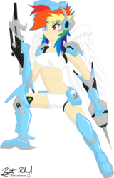 Size: 1280x2004 | Tagged: safe, artist:itchykitchy, rainbow dash, human, g4, female, gun, humanized, no trigger discipline, solo, winged humanization