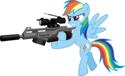 Size: 1024x628 | Tagged: safe, artist:itchykitchy, rainbow dash, pony, g4, female, gun, rifle, science fiction, simple background, solo, suppressor, transparent background, vector, weapon