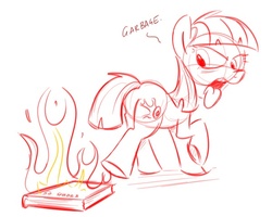 Size: 600x480 | Tagged: safe, artist:sibsy, wild fire, pegasus, pony, g4, book, butt, female, fifty shades of grey, fire, mare, plot, sibsy, sketch, solo, tongue out, underhoof, wild fire is not amused