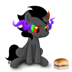 Size: 800x800 | Tagged: safe, artist:gatodelfuturo, edit, king sombra, pony, unicorn, g4, burger, colt, colt sombra, cute, foal, krystal burger, male, scrunchy face, solo, sombradorable