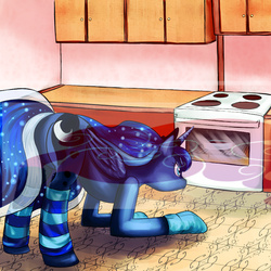 Size: 900x900 | Tagged: safe, artist:hell00001, princess luna, pony, g4, baking, clothes, female, oven, socks, solo, striped socks