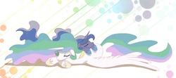 Size: 2715x1204 | Tagged: safe, artist:lalindaaa, princess celestia, princess luna, g4, sleeping