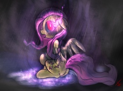 Size: 1075x790 | Tagged: safe, artist:crade, fluttershy, g4, corrupted, dark, magic, sombra eyes