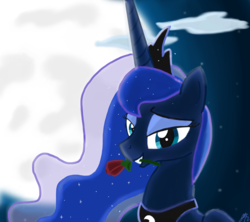 Size: 1800x1600 | Tagged: safe, artist:seiki5x, princess luna, pony, g4, bedroom eyes, female, flower, flower in mouth, lidded eyes, moon, mouth hold, night, rose, solo