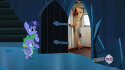 Size: 854x480 | Tagged: safe, spike, twilight sparkle, g4, my little pony: friendship is magic, the crystal empire, exploitable meme, meme, scp, scp-173, the scary door