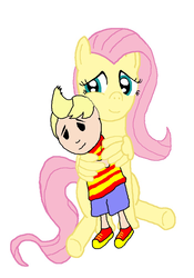 Size: 700x1000 | Tagged: safe, artist:php21, derpibooru exclusive, fluttershy, human, pegasus, pony, g4, crossover, earthbound, female, hug, lucas, male, mare, simple background, smiling, white background, winghug