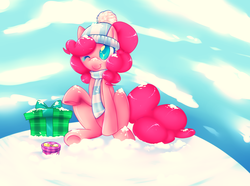 Size: 1000x743 | Tagged: safe, artist:crispycreme, pinkie pie, earth pony, pony, g4, beanie, clothes, colored pupils, cute, diapinkes, female, hat, present, scarf, snow, solo, winter