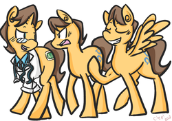 Size: 935x660 | Tagged: safe, artist:cleppyclep, caramel, doctor horse, doctor stable, earth pony, pegasus, pony, unicorn, g4, angry, duality, glasses, male, open mouth, similarities, smiling, stallion