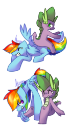 Size: 303x551 | Tagged: safe, artist:atrixy, rainbow dash, spike, dragon, pegasus, pony, g4, female, hoof tickling, hooves, male, mare, ship:rainbowspike, shipping, simple background, straight, tickling, transparent background