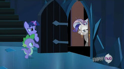 Size: 853x478 | Tagged: safe, rarity, spike, twilight sparkle, crystal pony, dragon, pony, unicorn, g4, my little pony: friendship is magic, the crystal empire, borderlands, butt stallion, crystal rarity, crystallized, exploitable meme, female, male, mare, meme, the scary door