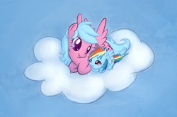 Size: 1239x819 | Tagged: safe, artist:maxtaka, firefly, rainbow dash, pegasus, pony, g1, g4, cloud, female, filly, firefly as rainbow dash's mom, foal, g1 to g4, generation leap, lying on a cloud, mare, mother and child, mother and daughter, on a cloud, sisters
