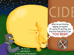Size: 900x677 | Tagged: safe, artist:tofer18, braeburn, oc, diamond dog, earth pony, pony, g4, belly, big belly, blimpburn, cider, cider inflation, dialogue, diamond dog oc, huge belly, impossibly large belly, inflation, male, puffy cheeks, stuck, stuffing, tapping, thought bubble, vat, weight gain