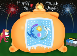 Size: 900x663 | Tagged: safe, artist:tofer18, applejack, big macintosh, earth pony, pony, g4, 4th of july, applefat, belly, chubby cheeks, cider, eye bulging, fat, fireworks, floating heart, heart, july, male, morbidly obese, obese, paint, paint bucket, shocked, shocked expression, stallion, vein