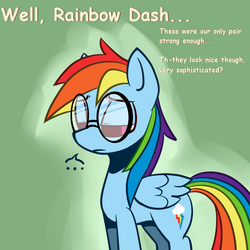 Size: 1000x1000 | Tagged: safe, artist:serendipity-kitty, rainbow dash, pony, friendship is witchcraft, g4, ..., dialogue, female, frown, glasses, nearsighted rainbow dash, rainbow dork, sad, solo, sophisticated, tumblr