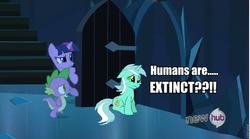 Size: 857x478 | Tagged: safe, lyra heartstrings, spike, twilight sparkle, human, g4, my little pony: friendship is magic, the crystal empire, exploitable meme, greatest fear, meme, the scary door