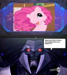 Size: 896x1000 | Tagged: safe, edit, edited screencap, screencap, pinkie pie, g3, g4, too many pinkie pies, g4 to g3, generation leap, hub logo, megatron, meme, pinkie's silly face, transformers