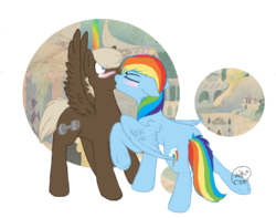 Size: 730x576 | Tagged: safe, artist:flow3r-child, dumbbell, rainbow dash, g4, blushing, dumbdash, duo, eyes closed, female, kissing, male, shipping, straight, wingboner