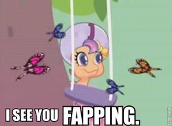 Size: 465x341 | Tagged: safe, screencap, scootaloo (g3), butterfly, earth pony, pony, g4, once upon a my little pony time, baby, baby pony, female, filly, foal, image macro, newborn, solo, teapot