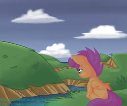 Size: 2400x2000 | Tagged: safe, artist:crombiettw, scootaloo, pegasus, pony, g4, cloud, female, filly, river, scootalone, scootasad, sitting, solo, upset