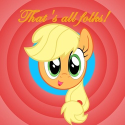 Size: 894x894 | Tagged: safe, artist:applejack, applejack, earth pony, pony, g4, bust, female, hatless, looking at you, looney tunes, merrie melodies, missing accessory, open mouth, portrait, smiling, solo, that's all folks, vector