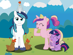 Size: 1600x1200 | Tagged: safe, artist:thunderhawk03, princess cadance, shining armor, twilight sparkle, chicken, g4, :|, ^^, blank flank, chick, clapping, eyes closed, filly, filly twilight sparkle, heart, implied gallus (chicken), laughing, pun, smiling, unamused, visual pun