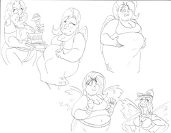 Size: 3294x2550 | Tagged: safe, artist:catstuxedo, fluttershy, pinkie pie, rainbow dash, human, g4, belly lift, cake, exercise, fat, fattershy, humanized, obese, piggy pie, pudgy pie