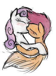 Size: 232x312 | Tagged: safe, artist:untiltheballoons, scootaloo, sweetie belle, pegasus, pony, unicorn, g4, blushing, duo, female, filly, foal, kiss on the lips, kissing, lesbian, lowres, ship:scootabelle, shipping