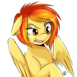 Size: 1600x1600 | Tagged: safe, artist:spittfireart, spitfire, pegasus, pony, g4, alternate hairstyle, disgusted, female, mare, missing accessory, reaction image, simple background, solo, white background