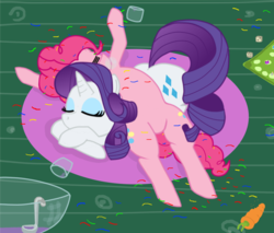 Size: 1000x850 | Tagged: safe, artist:melkekua, pinkie pie, rarity, earth pony, pony, unicorn, g4, carrot, dice, duo, duo female, female, food, horn, mare, punch (drink), punch bowl, sleeping