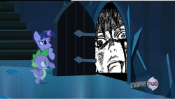 Size: 853x483 | Tagged: safe, spike, twilight sparkle, g4, my little pony: friendship is magic, the crystal empire, exploitable meme, meme, naruto, the scary door, uchiha sasuke