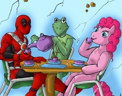 Size: 1247x980 | Tagged: safe, artist:mortalshinobi, pinkie pie, earth pony, frog, pony, g4, crossover, deadpool, kermit the frog, male, tea, the muppets, trio
