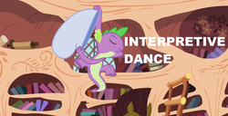 Size: 1572x804 | Tagged: safe, edit, edited screencap, screencap, spike, dragon, g4, my little pony: friendship is magic, the crystal empire, bag, book, caption, dancing, male, solo, text