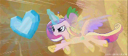 Size: 500x222 | Tagged: safe, screencap, princess cadance, spike, alicorn, dragon, pony, g4, the crystal empire, animated, colored wings, crystal empire, crystal heart, dragons riding ponies, female, flying, glowing, glowing horn, gradient wings, hoof shoes, horn, jewelry, male, mare, peytral, riding, tiara, wings