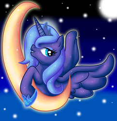 Size: 2056x2124 | Tagged: safe, artist:anthocat, princess luna, pony, g4, crescent moon, ethereal mane, female, full moon, hoof shoes, moon, solo, starry mane, tangible heavenly object, woona