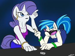 Size: 1280x960 | Tagged: artist needed, safe, dj pon-3, rarity, vinyl scratch, anthro, g4, 30 minute art challenge, belly button, clothes, cocaine, drugs, midriff, panties, smoking, thong, underwear